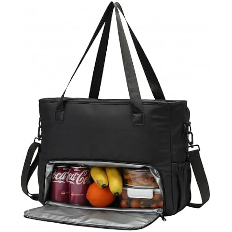 Lunch Tote Bag for Women with 15.6 Laptop Compartment, Work Tote Bag with Insulated Lunch Compartment, Large Casual Polyester Handbag Lunch Bags for Nurse, Teacher, Office, Travel, Beach, Jet Black