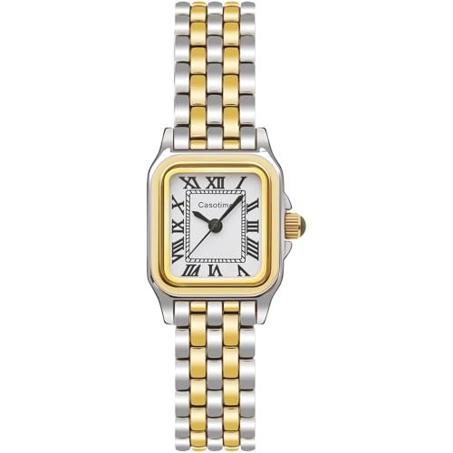 Casotime Gold Watches for Women Vintage Rectangular Dainty Jewelry Bracelet Watch Small Wrist Slim Reloj para Mujer Classic Roman Numeral Dial 3ATM Water Resistant with Link Removal Tool Gift for Her