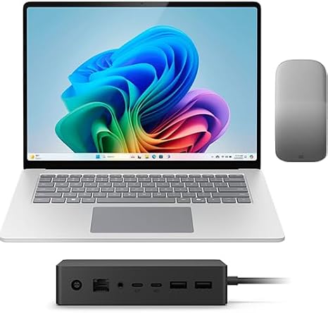 Microsoft Surface Laptop Copilot+ PC 15" Touchscreen Snapdragon X Elite Processor 16GB RAM 256GB SSD, Arc Mouse, and Surface Dock (Surface Dock 2, Platinum Mouse)