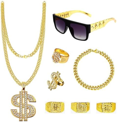 80s 90s Hip Hop Costumes Accessories for Men Women, Fake Jewelry Set Punk Sunglasses Rings Rapper for Halloween