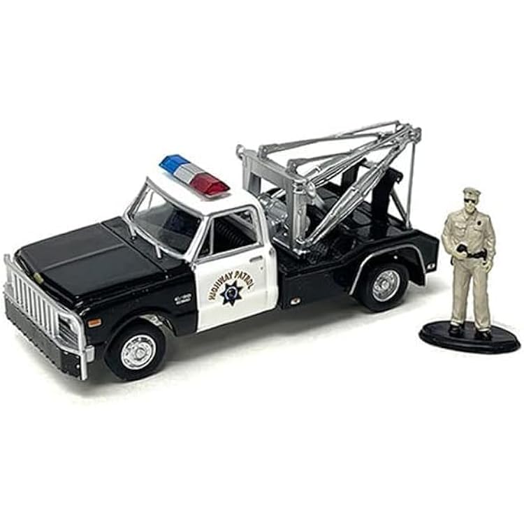 Collectibles 1969 Chevy C-30 Dually Wrecker Tow Truck Black and White CHP California Highway Patrol with Officer Figurine 164 Diecast Model Car by Greenlight 51423