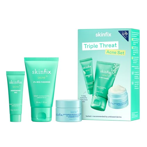 Skinfix Triple Threat Set - Includes Mini 2% BHA Cleanser 1 fl oz, Mini Adapinoid Gel 0.23 fl oz, and Mini Skin Barrier Restoring Gel Cream 0.5 fl oz - Fragrance Free, Vegan, Cruelty Free