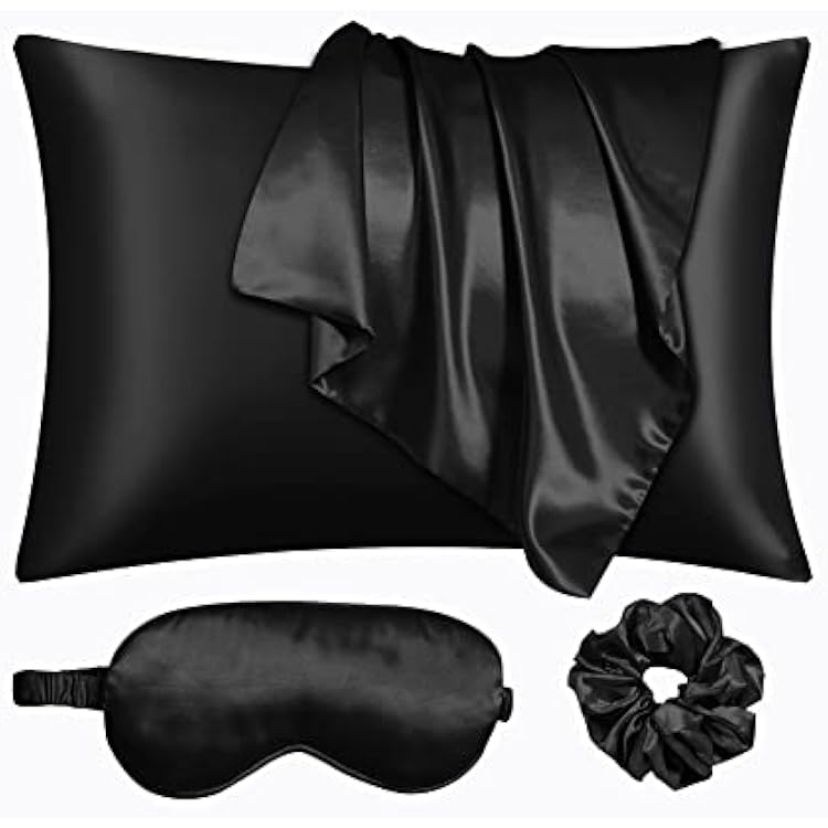 Black Satin Pillowcase for Hair and Skin, Vegan Silk Pillowcase Set-2 Satin Pillowcases, 1 Eye Mask, 1 Scrunchie-Luxury Sleep Set, Silky Standard Satin Pillow Cases with Envelope Closure