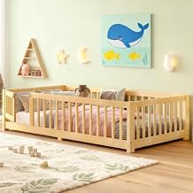 Twin Size Floor Bed with Door and Support Slats, Wood Kids Floor Bed with Full-length Guardrails, Montessori Floor Bed Frame for Kids, Boys, Girls, Childlike and No Box Spring Needed Design, Nature