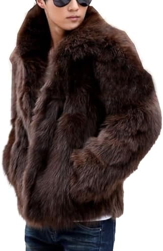 Mens Faux Fox Fur Short Coat Classic Fur Collar Shaggy Long Sleeves Warmth Winter Fuzzy Fur Garment