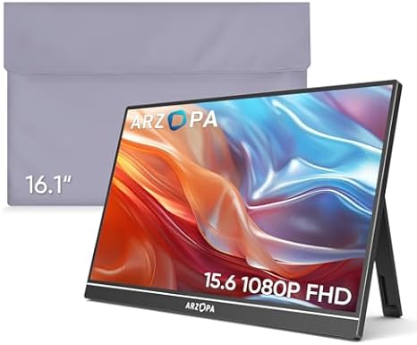 ARZOPA Portable Monitor & Sleeve, 15.6'' 1080P FHD Laptop Monitor & PU Sleeve Bag Combination