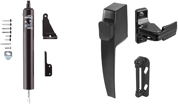 Wright V820AFB Light Duty Pneumatic Florida Bronze Storm Door Closer & Prime-Line K 5007 Black Push Button Latch Set w/Night Lock for Screen & Storm Doors