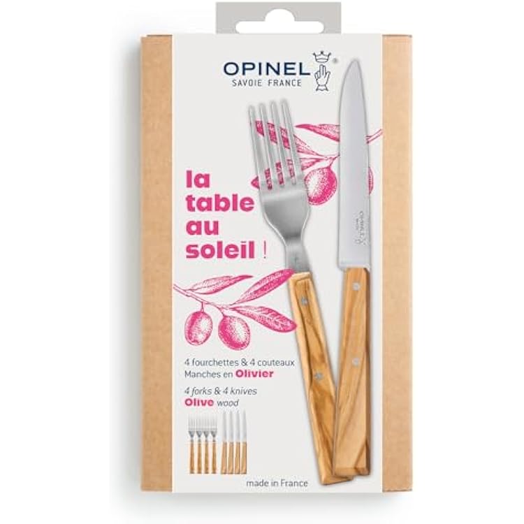 Opinel Table au Soleil Set - 8 Piece Flatware Set, 4 Sylve Olive Wood Forks  4 Bon Appetit Olive Wood Knives
