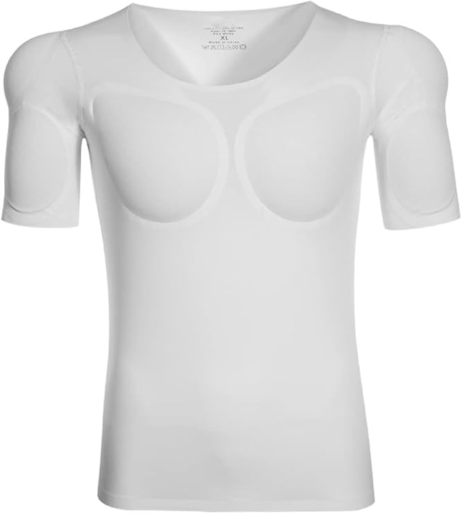 Muscle Body Shirts Padded Men Fake Deltoid Biceps Underwear Stretch Invisible Low Collar Undershirts,White,S