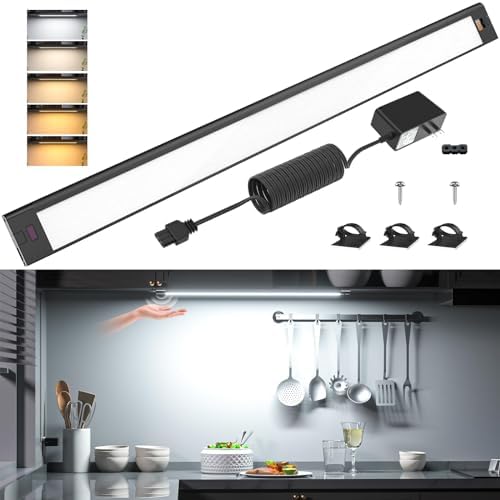 WOBANE Under Cabinet Lighting,Dimmable Counter Lights for Kitchen with 5 Color,Wireless Hand Wave Activated,Plug in LED Light Bar for Kitchen,Shelf,Pantry,Workbench,16.5 inch,800LM,Black