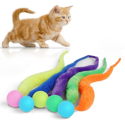 Bouncy Ball with Tail Cat Toys,5 Packs Large Magic Worm with Fluorescent Ball Toy for Cats,Colorful Fuzzy Worm Bouncy Glow Balls Cat Toy