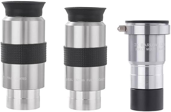 1.25inch 32mm 40mm Plossl Eyepiece and 2X Barlow Lens Metal Telescope Eyepiece Set Telescope Accessory for Astronomical (3Pcs)