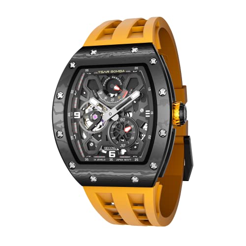 TSAR BOMBA Automatic Watches for Men Mechanical Analog Mens Watch Skeleton Wrist Watch Tonneau Big Dial Watch with Luminous Sapphire Crystal Case FKM Rubber Strap Replica Gifts