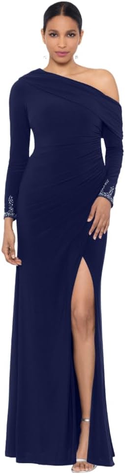 Betsy & Adam Women's Betsy & Adam Women's Drop Shoulder Gown with Long Embellished Sleeves, Ruched Waist, and Fitted Silhouette.