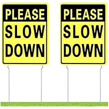 Kichwit Please Slow Down Yard Signs with Metal Stakes, 16 x 12 Inches/25 Inch High, 2 Pack Double Sided Plastic Slow Down Signs for Neighborhoods