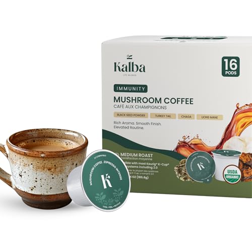 Kalba Organic Mushroom Coffee Arabica Coffee with Lions mane, Chaga, Turkey Tail, Nigella Seed for Energy Boost & Immunity K-Cups 16 pods