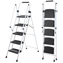 Step Ladders 5 Step Folding, Folding Step Ladder with Handle, Step Stool Ladder with Rubber Feet Capacity 500lbs, Tall Ladders for Home High Ceilings (White, 5 Tier Iron)