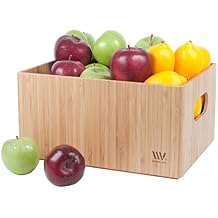 MobileVision Bamboo Storage Box Multi-Purpose Organizer for Kitchen Supplies Holder, Fruit Bin, Cabinets, Pantry with built in handles, stackable, 12 x 9 x 6 With White Clip Included