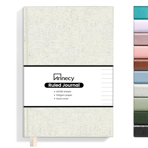 Annecy Lined Journal Notebook, Hardcover Leather Journal for Women & Men, 160 Numbered Pages, Medium 5.5 x 8.25, 100 GSM Thick Paper, Beige