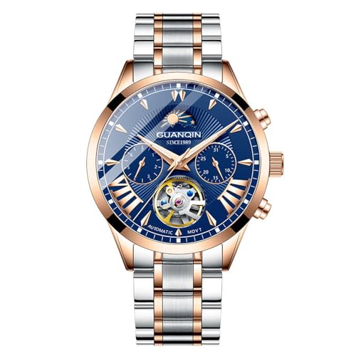GUANQIN Men Skeleton Multifunctional Automatic Self-Wind Mechanical Watch Sapphire Crystal Business Double-Sided Hollow Waterproof Clock Moon Phase Steel or Leather Strap Wristwatch