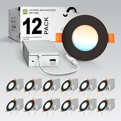 ASD 12 Pack 3 Inch LED Recessed Light 6W, 5 CCT 2700K-5000K CRI90, IC Rated Ultra Thin Dimmable Ceiling Lights with J Box, Canless Wafer Downlight, Round Slim Panel Lighting, Energy Star ETL, Black