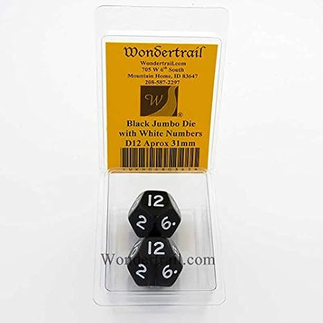 Black Jumbo Dice with White Numbers D12 30mm Pack of 2 Wondertrail