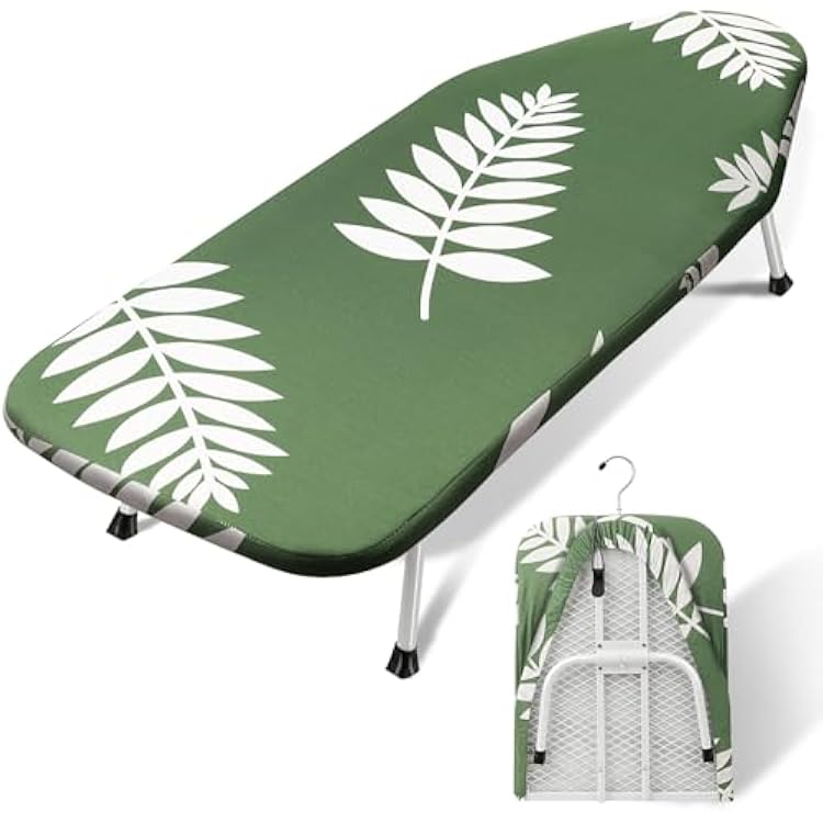 SheeChung Tabletop Ironing Board 12x32,Small Ironing Boards with Heat Resistant Cover Pad,Portable Tabletop Ironing Board with Non-Slip Feet,Mini Folding Iron Board for Household Laundry,Green Leaf