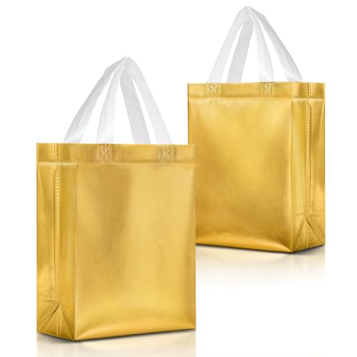 Nush Nush Gold Gift Bags Medium Size Set of 12 Reusable Gold Gift Bags With Handles - Perfect Party Favor Bag for Christmas Holidays, Wedding, Bachelorette Party Favors and Goodies 8W x 4D x 10H