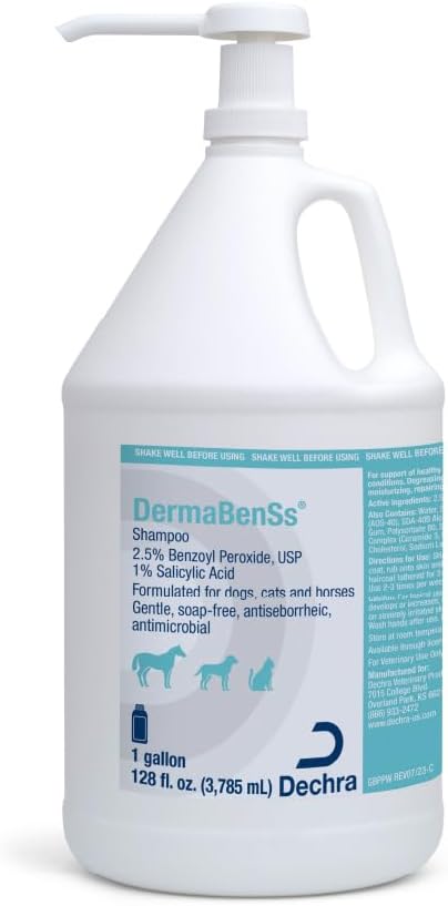 DermaBenSs Shampoo for Dogs, Cats and Horses, 1 Gallon | Gentle, Soap-Free, Antiseboerrhetic, Antimicrobial; 2.5% Benzoyl Peroxide, USP; 1% Salicylic Acid; Packaging May Vary