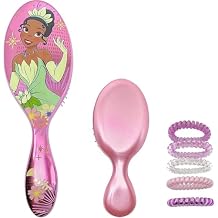 Wet Brush Princess Tiana Original Detangler Big & Small, 5 Ouchless Ponytailers hair ties - All Hair Types - Ultra-Soft - Comb For Kids Men, Women, Boys & Girls