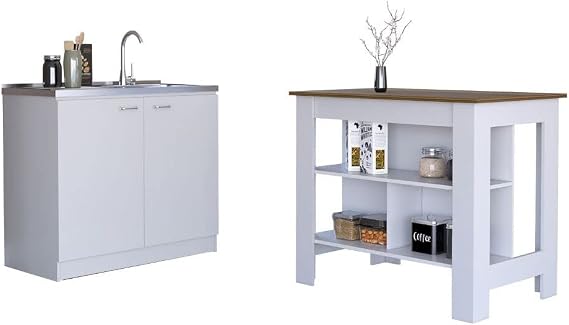 Tuhome Kitchen Island & Sink Set - Modern Cabinet - Ready to Assemble WhiteWalnut
