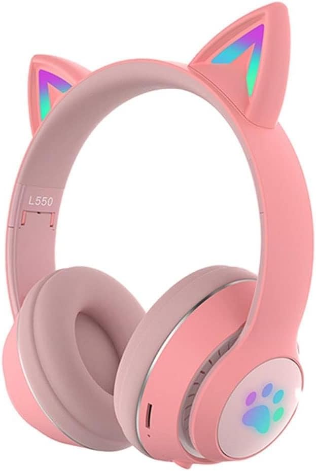 Colorful Led Gaming Headset Wireless Headphones with Microphone Over-Ear Foldable 3.5Mm Detachable HiFi Sound Earphones Gamers Pc(Pink)