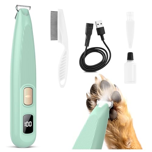 Dog Paw Trimmer with LED Light, 35dB Low Noise Precision Pet Paw Trimmer for Dogs Cats Grooming Clippers, 2 Speed Safety Electric Paw Hair Trimmer for Paws, Ears, Rump, Face, Eyes Green