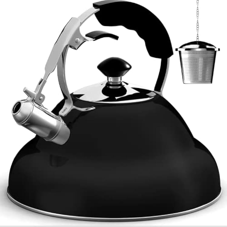 Willow & Everett Whistling Tea Kettle for Stove Top - 3 Liter Tea Pots for Stove Top wStainless Steel, Brushed Finish and Strainer - Tea, Coffee & Hot Water Pot, Black
