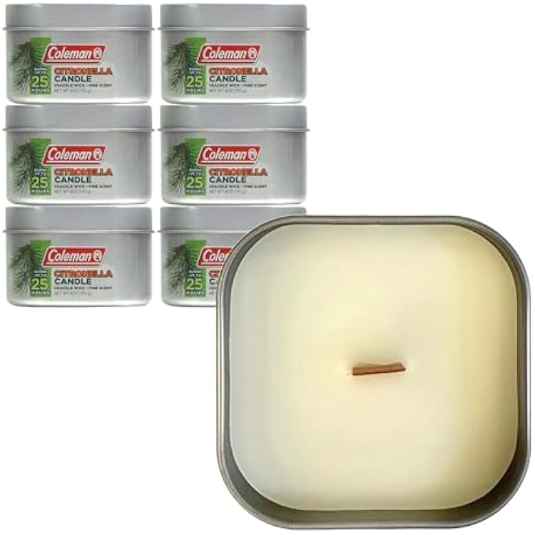 Coleman Scented Outdoor Citronella Candle with Wooden Crackle Wick, Pine Scent, 6 oz Pack of 6