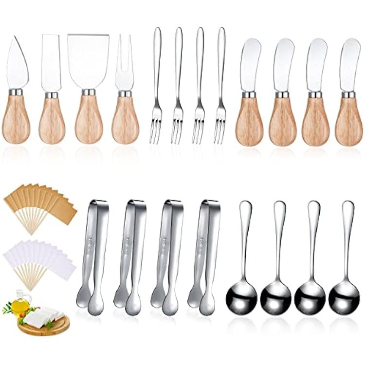 Charcuterie Board Accessories Spreader Knife Set Cheese Butter Spreader Knife Charcuterie Utensils with Wooden Handles Mini Serving Tongs Spoons Forks for party Wedding Christmas Silver, 20 Pieces