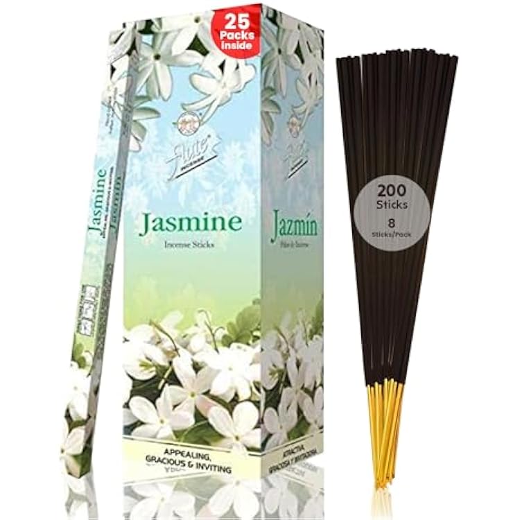 Flute Jasmine Incense Sticks Floral Incense for Relaxation, Emotional Comfort & Graceful Evenings - 8 SticksPack, 25 PacksBox 9 Inch, 200 Sticks | 40 Minutes Burn Time