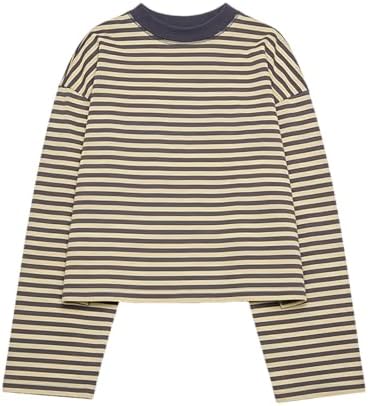 Y2k Womens Striped Cropped Shirt Drop Shoulder Long Sleeve Crewneck Sweatshirt Fairy Grunge Sweater Tops Streetwear
