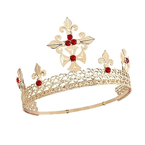 Vintage Crystal Queen King Crown Princess Tiara Wedding Prom Headband For Women Elegant Headband Bridal Wedding Prom Birthday Party (Gold Red)