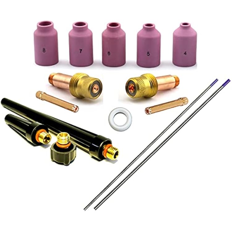 WeldingCity 15-pcs TIG Welding Torch Accessory Kit 116-332 Collet-Gas Lens-Ceramic Cup-Gasket-Back Cap with 2% Lanthanated Blue Tungsten Electrodes for Torch 17, 18 and 26 T53B