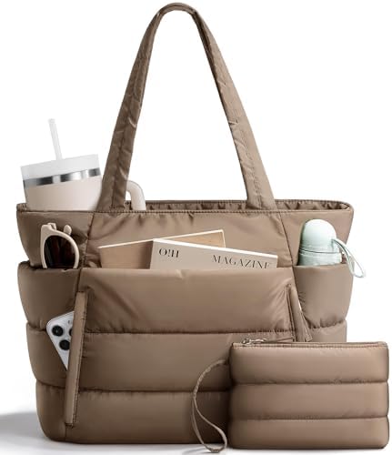 Bagstellar Puffer Tote Bag for Women, Lightweight Puffy Work Handbag Teacher Nurse Quilted Shoulder Bag for School Travel Gym | Cloud Bag w Zipper, Daily College Bags, 15.6 Computer Bag, Clinical Nursing Bag, 40 OZ Tumbler Holder, Ideal Gift for Women