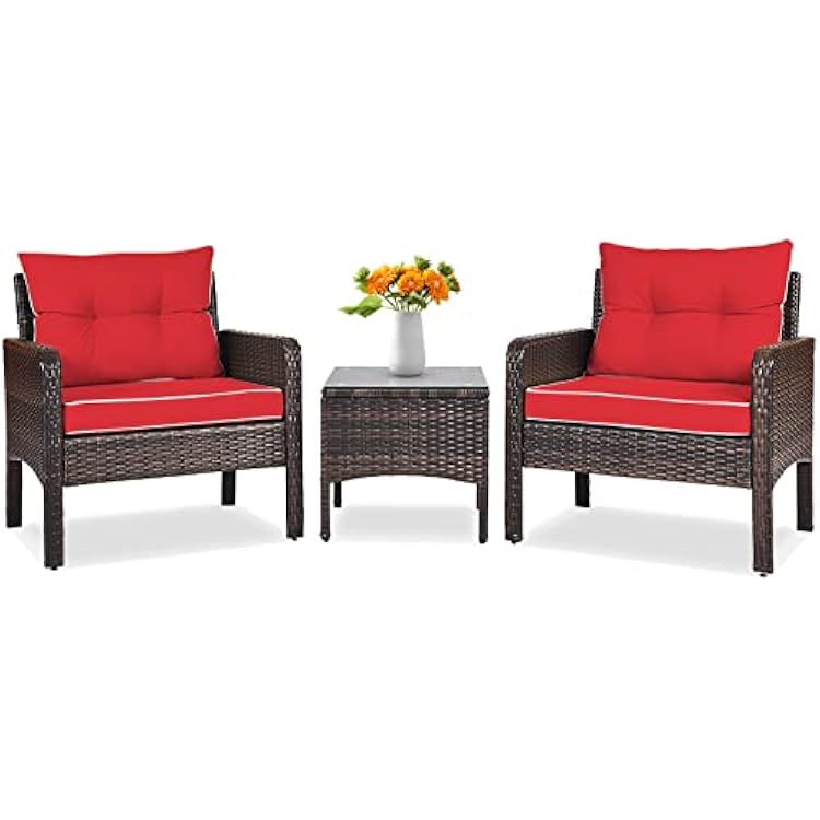Tangkula 3 Piece Outdoor Patio Furniture Set, Wicker Chairs Set with Glass Top Coffee Table, Thick Cushions, All Weather Garden Lawn Poolside Backyard Porch Furniture Set for 2 Red