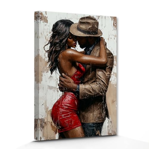 DOARTDO Black Couple Wall Art African American Couple Canvas Art Pictures Black Love Painting Framed 16.00 x 24.00
