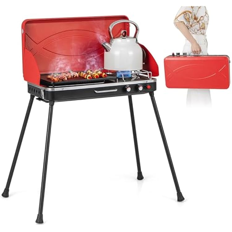 2-Burner Propane Camping Stove, Portable Camp Grill wRoast Grill, 3-Sided Wind Screen, Removable Leg, Dual Control Knobs, Outdoor Stove for BBQ Picnic, 20000 BTU Red