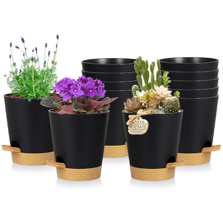 12 Pack 4 Inch Self Watering Plant Pots with Drainage and Saucers,Plastic Flower Pots for Indoor and Outdoor Plants, Nursery Planters for Houseplants and Herbs Black Brown, 4 inch 12pcs