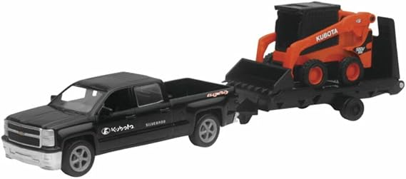 NewRay New Ray New 10" KUBOTA Collection - Kubota SSV65 Skid Steer with Black Chevy Pickup & Trailer (Orange, Black) Model by Toys