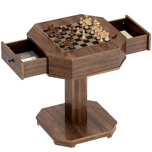 soges 2-Drawer Game Board Table for Chess and Checkers, Chess Table for Family Board Games, Walnut Color