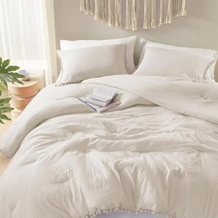 Codi Beige Twin Comforter Set for Girls - Boho Aesthetic Pom Fringe Design Cute Bedding, Soft Washed Microfiber Taupe Bed Sets, Lightweight Chic,1 Comforter & 1 Pillowcase