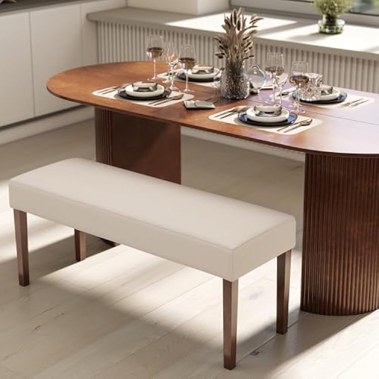 Wahson Farmhouse Linen Upholstered Dining Room Bench, 45 Long Kitchen Bench with Natural Wood Legs, Beige Entry Way Benches