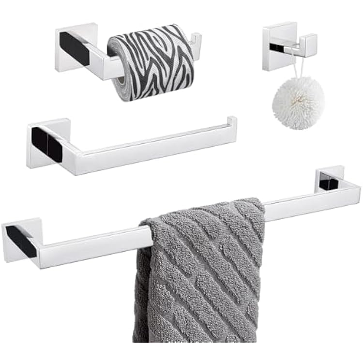 Suyar Polished Chrome Bathroom Hardware Set 4 Pieces, 304 Stainless Steel Bathroom Accessories, Include Robe Hook, Toilet Paper Holder, Hand Towel Holder, Bath Towel Bar